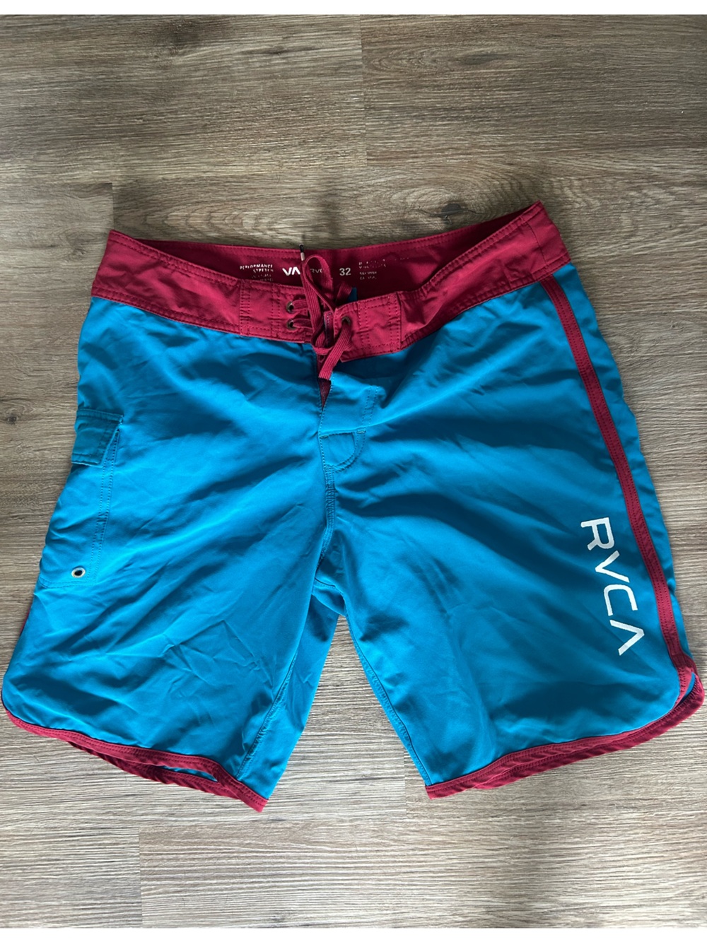RVCA Teal Blue Swim Shorts with Burgundy Trim